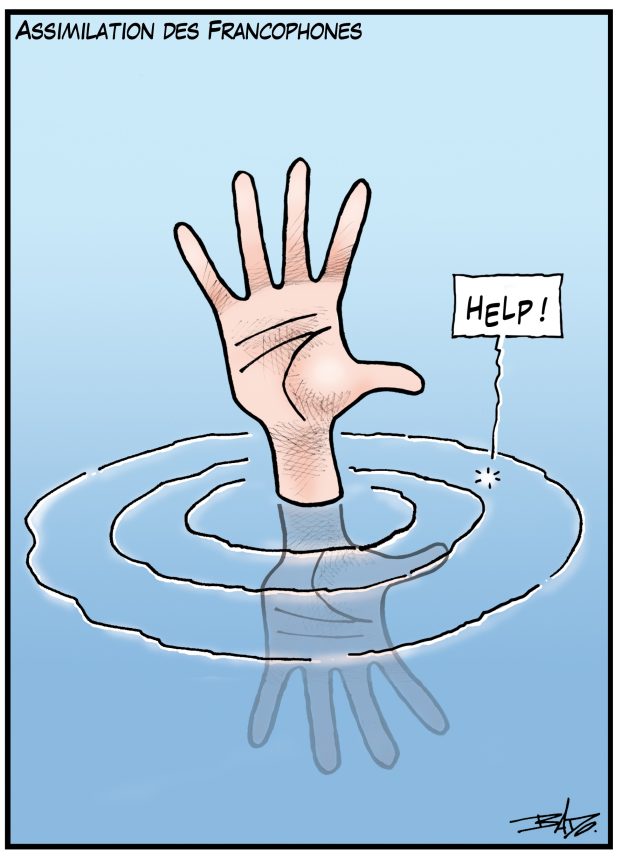 alt= Translated from original French artwork. Title: Assimilation of francophones Illustration: A hand sticking out of the water and a cry of “Help!”.