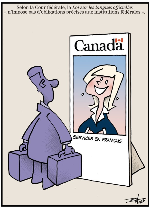alt= Translated from original French artwork. Title: According to the Federal Court, the Official Languages Act imposes no specific obligations on federal institutions Illustration: A man carrying two suitcases, standing in front of a sign picturing an agent in lieu of a Canadian government French-language service booth.