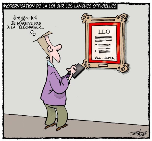 alt= Translated from original French artwork. Title: Modernizing the Official Languages Act Illustration: A man holding his iPhone, standing in front of a copy of the Official Languages Act hanging on the wall, thinking: I can’t download it.