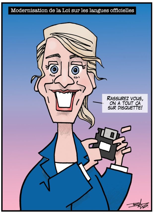 alt= Translated from original French artwork. Title: Modernizing the Official Languages Act Illustration: Drawing of the federal Minister of Economic Development and Official Languages, Mélanie Joly, holding an old diskette, saying: don’t worry, we have it all on a diskette!.