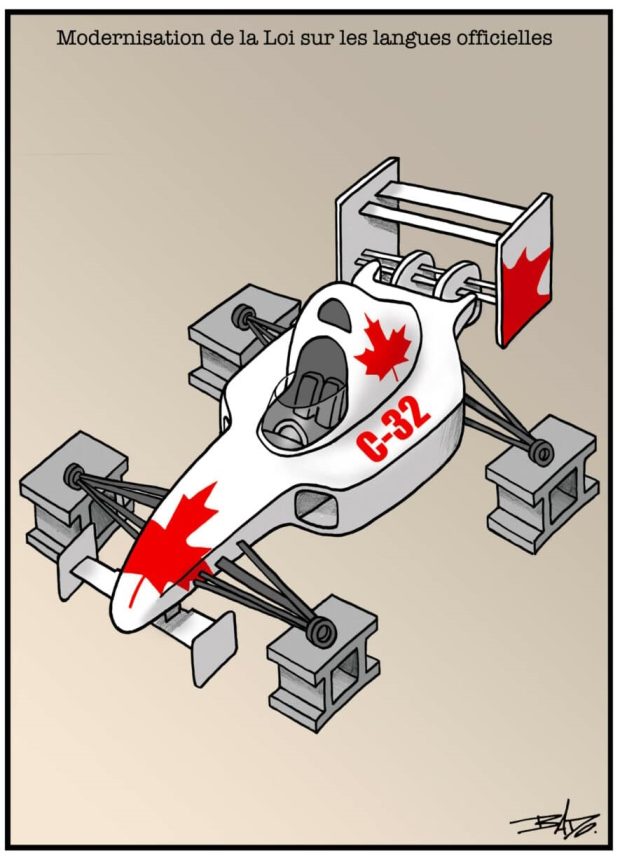 alt= Translated from original French artwork. Title: Modernizing the Official Languages Act Illustration: A race car, without wheels, standing on bricks. The car is decorated with red maple leaves, and labeled “C-32”.
