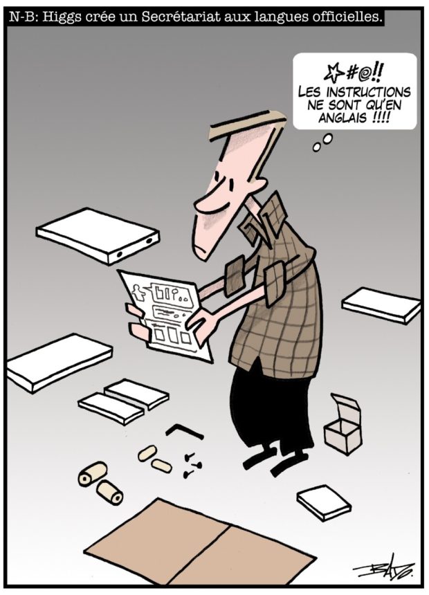 alt= Translated from original French artwork. Title: N.B.: Higgs sets up an official languages secretariat Illustration: A man trying to assemble a bookshelf, unable to understand the instructions. Frustrated, he is thinking: The instructions are only in English!