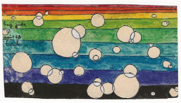 Abstract drawing by Bado. Bubbles against a rainbow backdrop.