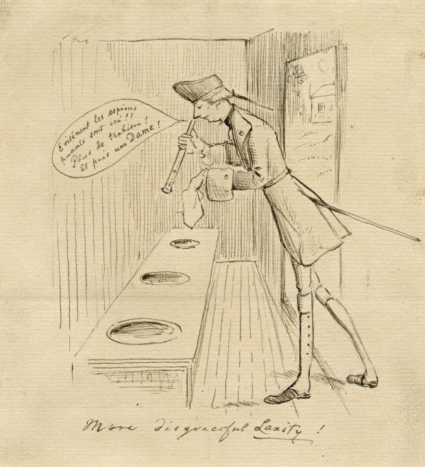 Illustration: Drawing of General Wolfe inspecting the latrines with a spyglass. Text bubble saying, in French, Naturally the stinking spies are here! No more treason! Even a woman! Under the picture, a text in English: “More disgraceful laxity!”