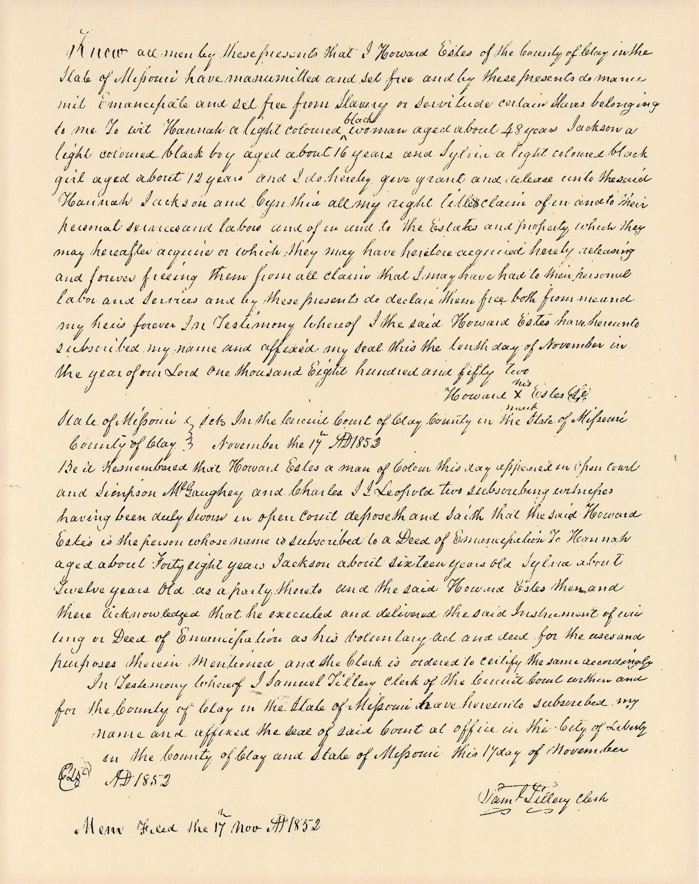 Acte d’émancipation rédigé à la main en 1852