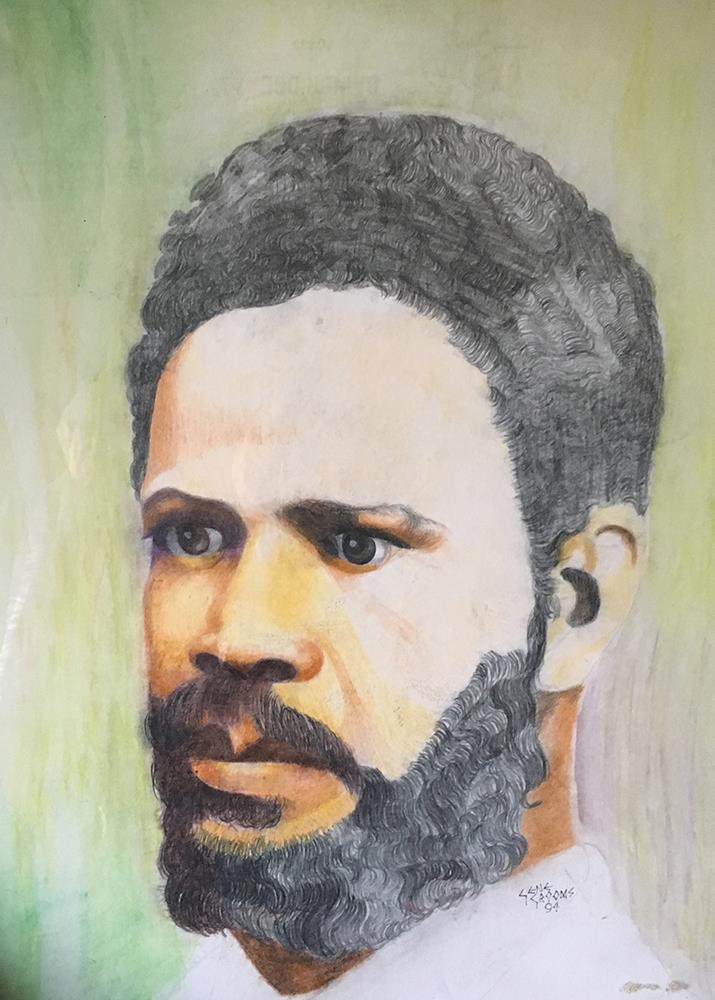 colored pencil sketch headshot of young man with moustache and close-cropped beard
