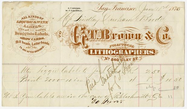 hand-written invoice with company letterhead dated June 18, 1875