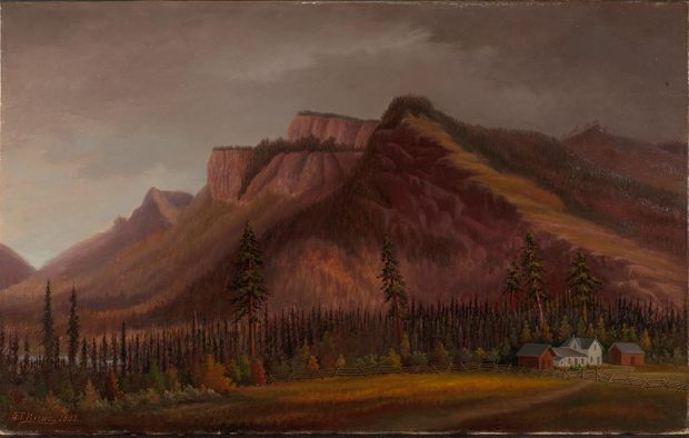 oil painting, muted colors, mountains are main feature with stands of coniferous and decidious trees in front. Lower right side is white house and faded red farm buildings, wooden fence; dirt road meandering to the house