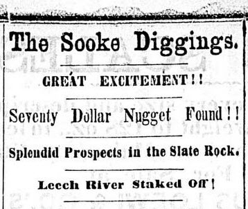 newspaper advertisement about a gold find in Sooke, on the Leech River.