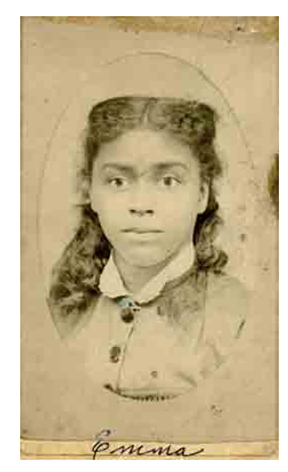 sepia toned portrait of young woman. Image in oval frame mat. Hair is in ringlets pulled back from her face; dress has buttoned bodice with white lace collar. Emma is written at the bottom.