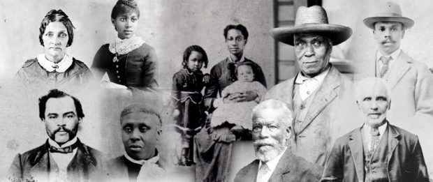collage of faces of the Black men, women and children of varying ages who came to B.C. in 1858.