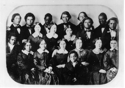 black and white Oberlin College class photo (1855) 18 students are white, black, female and male.