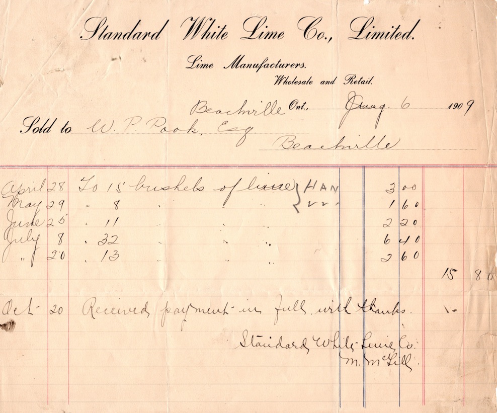 A handwritten receipt with dates ranging from April 28th to October 20th in a left-hand column - The cost for bushels of lime on these dates is calculated to $15.80 and dated to August 6th, 1909.