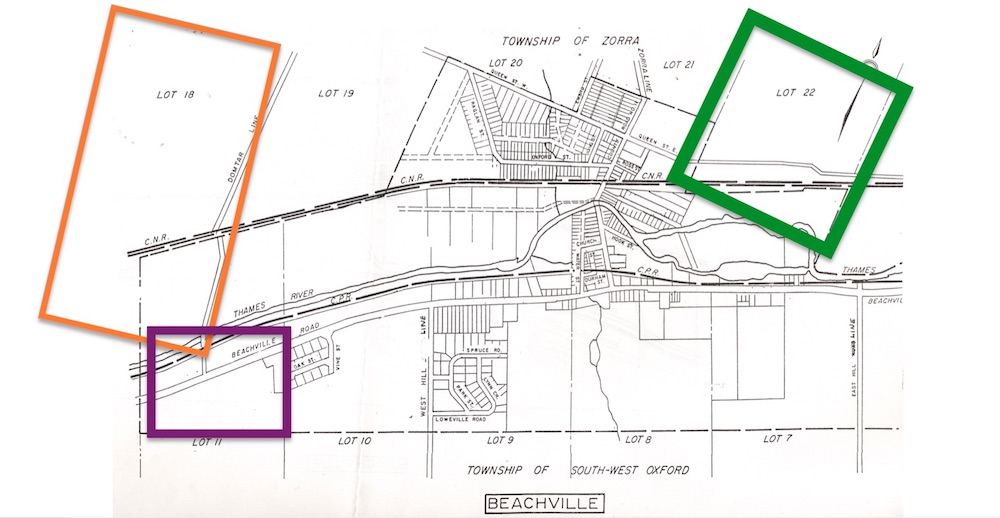 A map of the village of Beachville marked with orange, purple and green rectangles at the sites of early quarry operations