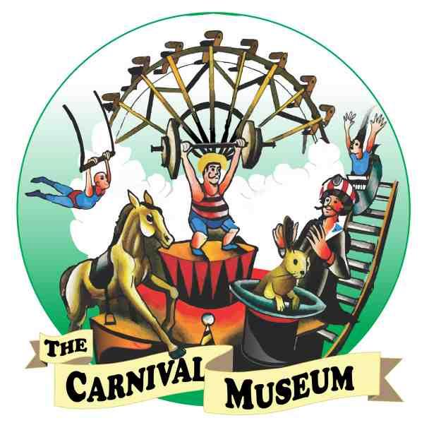 Logo for Carnival Museum which has a green circular backdrop with a Ferris wheel, acrobat, roller coaster, weight lifter, a magician with a rabbit coming out of hat and a horse