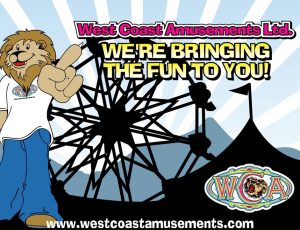 An illustrated picture of a cartoon lion mascot, wearing a WCA t shirt and blue jeans, in the background is an outline of a big top tent and Ferris wheel, the WCA logo is in the bottom right corner