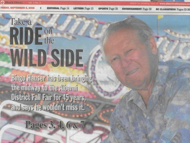 A newspaper article cover page called Take a Rode on the Wild Side. An older Bingo is featured in front of lit up carnival ride