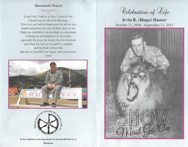 Front cover of remembrance pamphlet for Irvin Bingo Hauser, the left side features the Showmen's Prayer and a picture of an older Bingo sitting on a bench advertising WCA, the right side is a black and white photo of a younger Bingo with his lion Simba