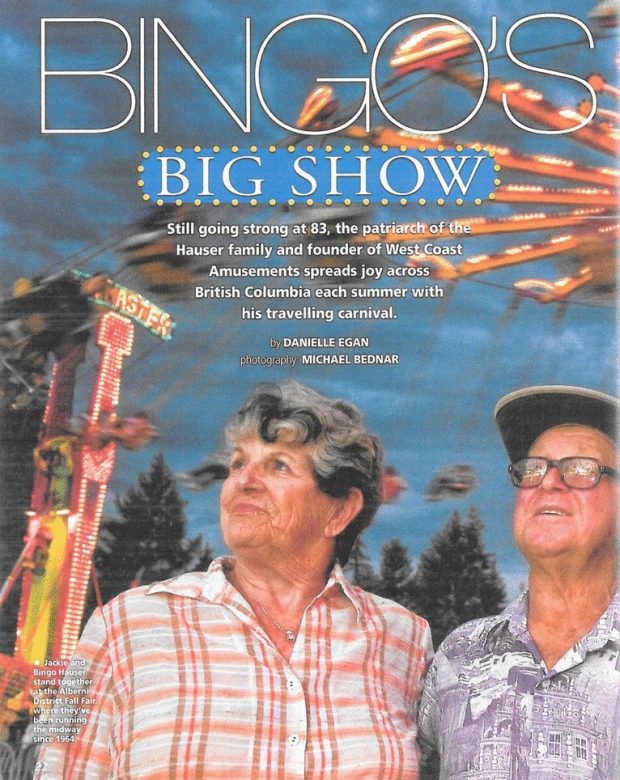 Magazine article title page featuring Bingo and Jackie around modern carnival rides including Chair-O-Plane ride. The title reads Bingo's Big Show