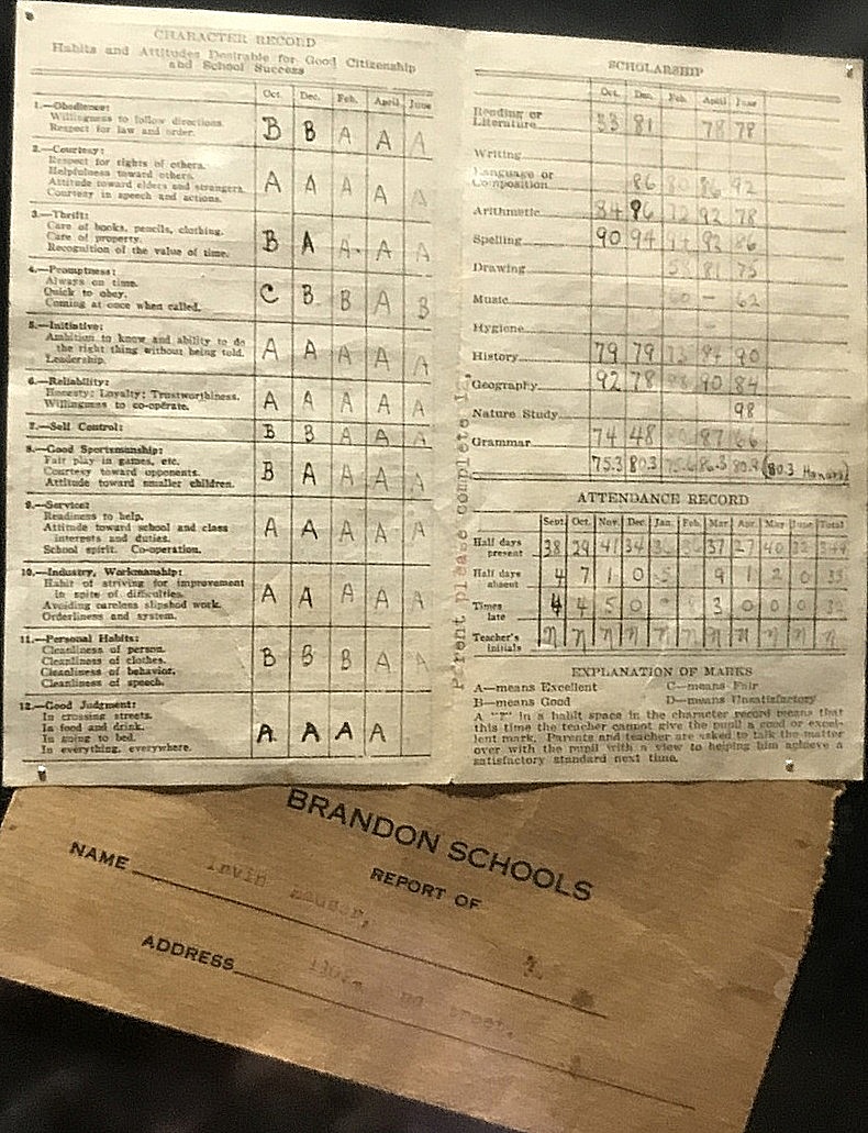 A report card, on the left side are grades for behaviour, on the right side are number grades for subjects and an attendance record