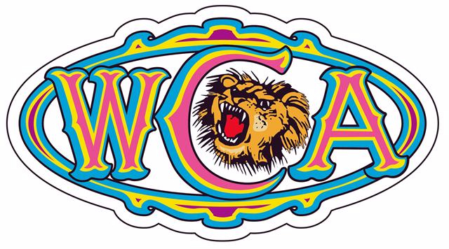 The logo for West Coast Amusements, WCA in a horizontal oval shape with colours blue, pink, yellow and purple. A roaring lion head illustration is in the middle of the C
