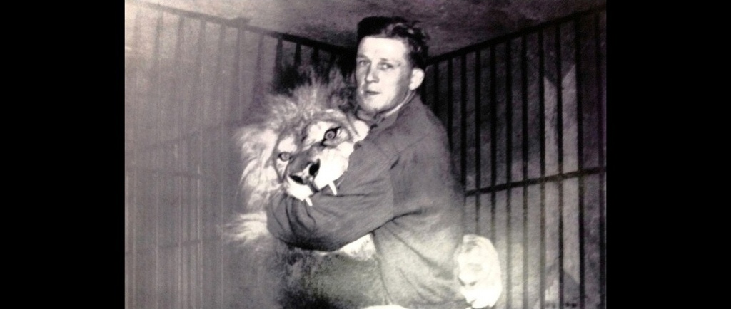 Black and white photo of young Bingo Hauser with lion Simba, both standing upright, Simba has his paws wrapped around Bingo and his mouth around his arm with a couple of sharp teeth showing
