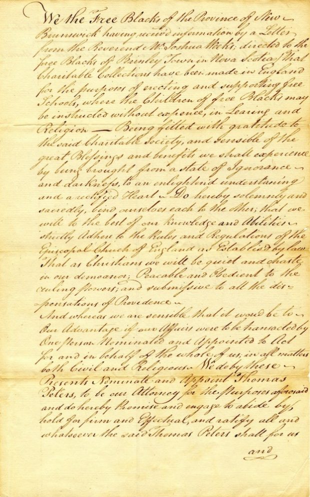 Handwritten declaration on yellowed paper on behalf of the free Blacks of the Province of New Brunswick..