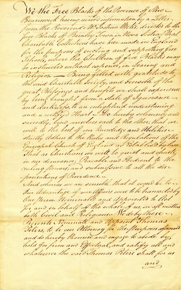 Handwritten declaration on yellowed paper on behalf of the free Blacks of the Province of New Brunswick..