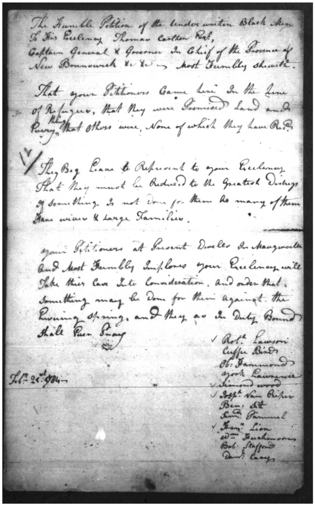 Handwritten petition for land listing 12 names of Black individuals from Maugerville dated 1785.