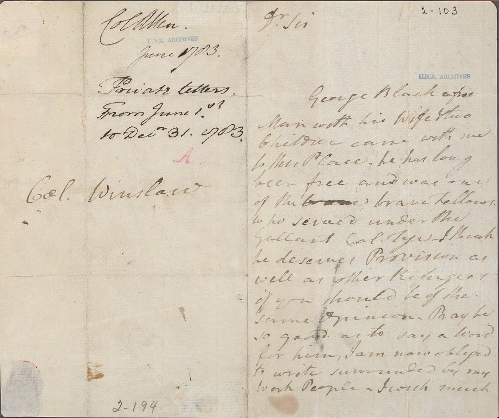 Handwritten letter dated 1783. Identified as being to Col. Winslow from Col. Allen.