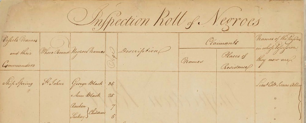 Handwritten list of names on yellowed paper titled Inspection Roll of Negroes.