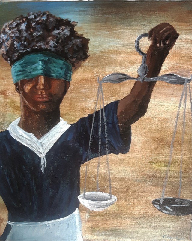 Painting of a Black woman wearing a blindfold holding a scale.