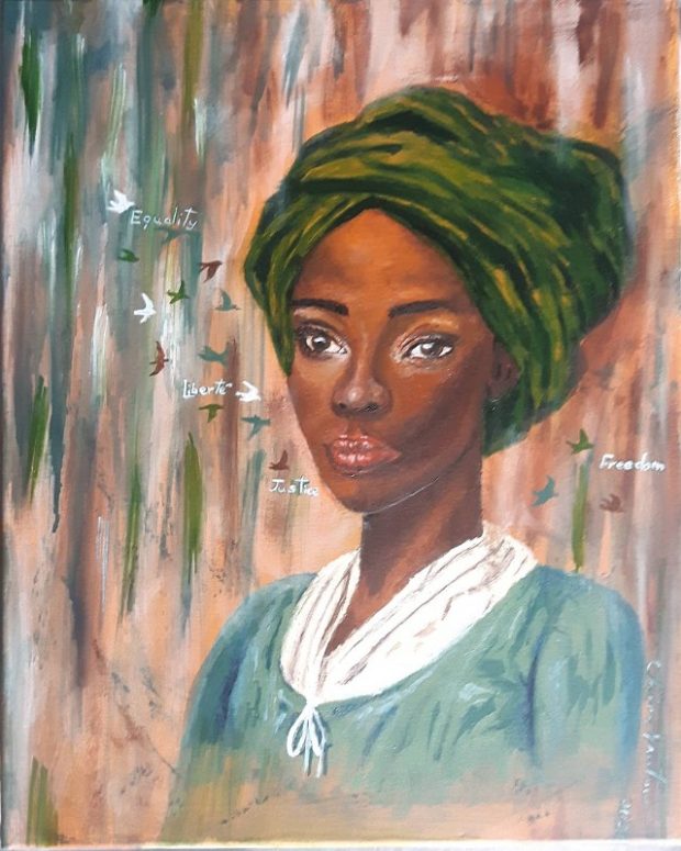 Painting of a Black woman wearing a green headwrap. There are small birds flying near her face with the words Equality, Liberte, Justice and Freedom.