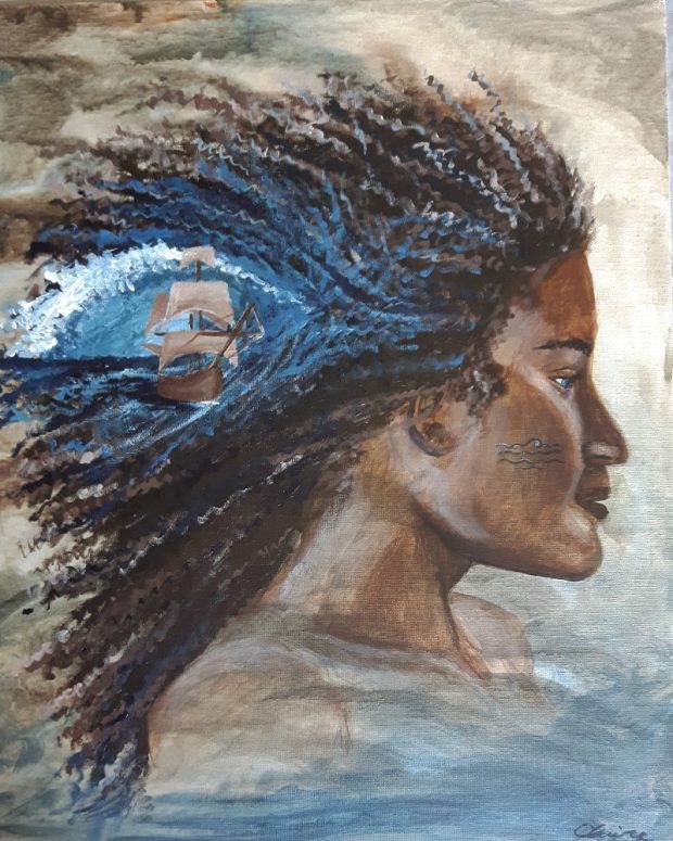 Painting of Black woman with a ship in her windswept hair.