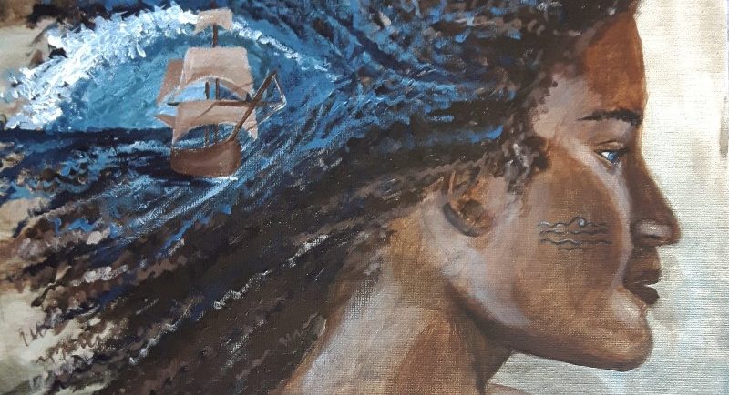 Painting of Black woman with a ship in her windswept hair.