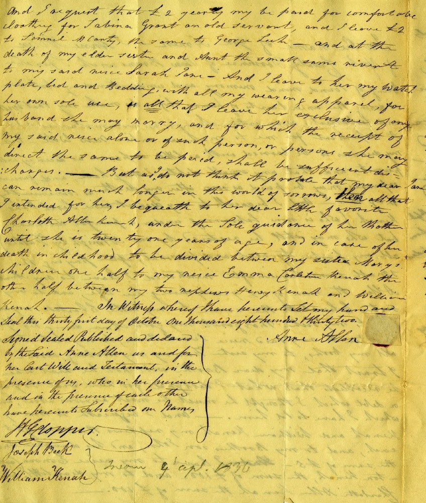 Anne Allen's handwritten will on yellowed paper.
