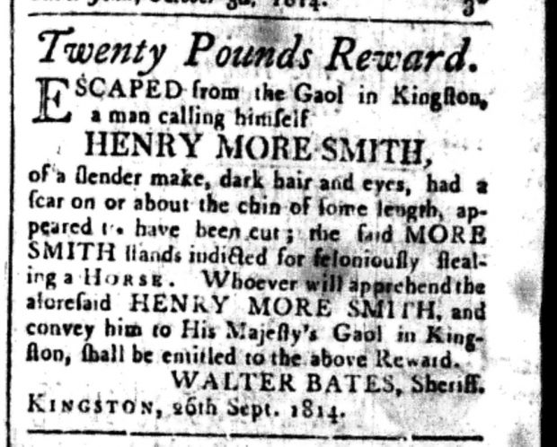 Newspaper clipping notification of the escaped thief Henry Moore Smith.