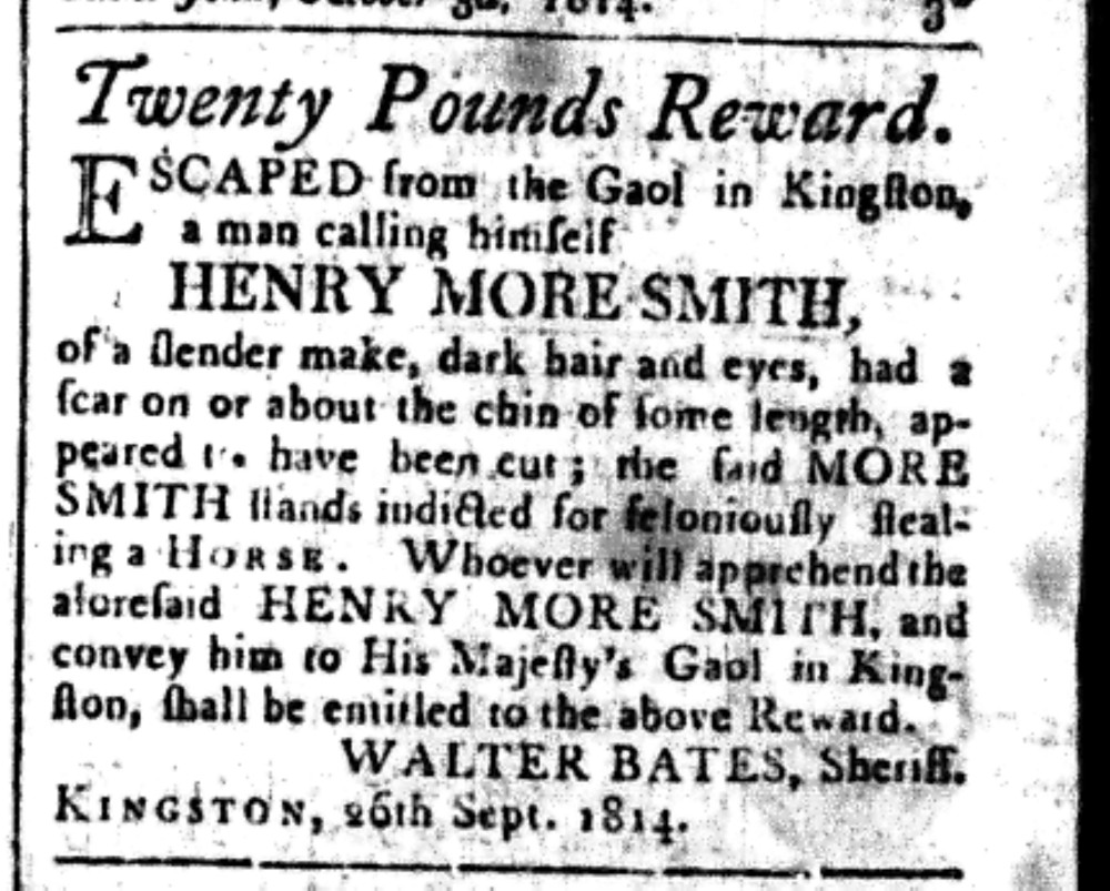 Newspaper clipping notification of the escaped thief Henry Moore Smith.