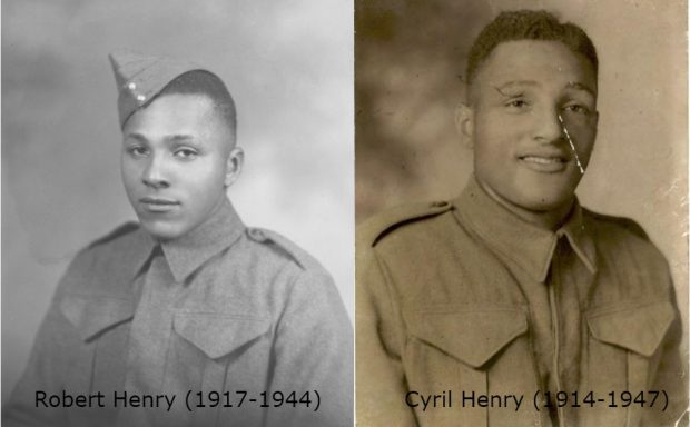 Two photos side by side. Left, Black and white archival photo of a Black man in a military uniform wearing a field service cap. Right, sepia photo of a black man in military uniform not wearing a cap.