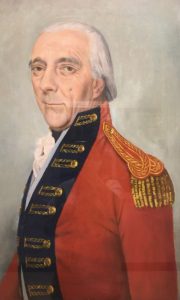 Portrait painting of a white man dressing in a red British uniform.