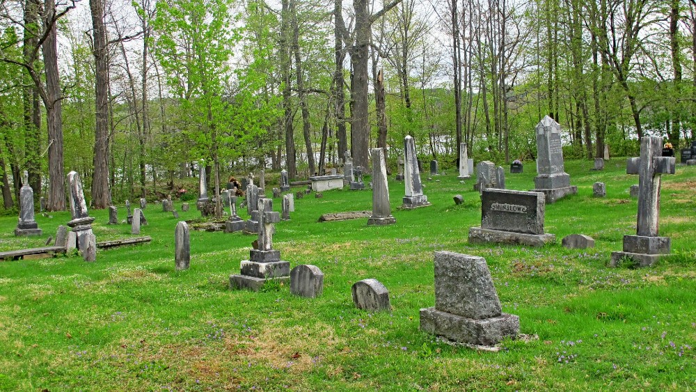 Colour photo of a cemetery with green grass and several old headstones with trees in the background.
