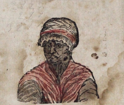 Coloured head and shoulders illustration on old water-stained paper of a Black woman wearing a red shawl and white cap with red band around it.
