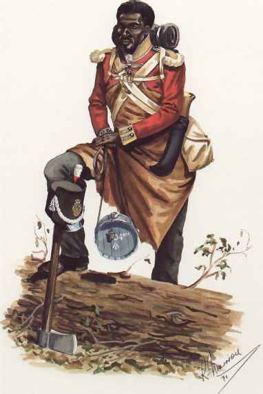 Colour drawing of a Black soldier wearing an 1812 British military uniform with a foot perched on a log. He is holding a circular water container and there is an axe with a military hat leaning on the log.