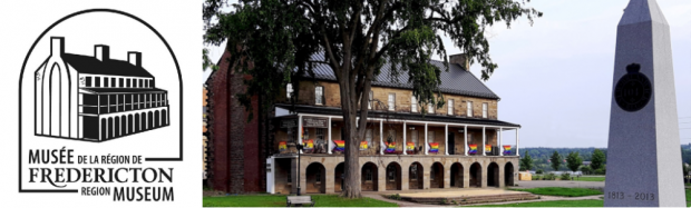 Black and white logo on left, colour photograph of a brick building on the right with a monument that has the dates 1813-2013 on it.