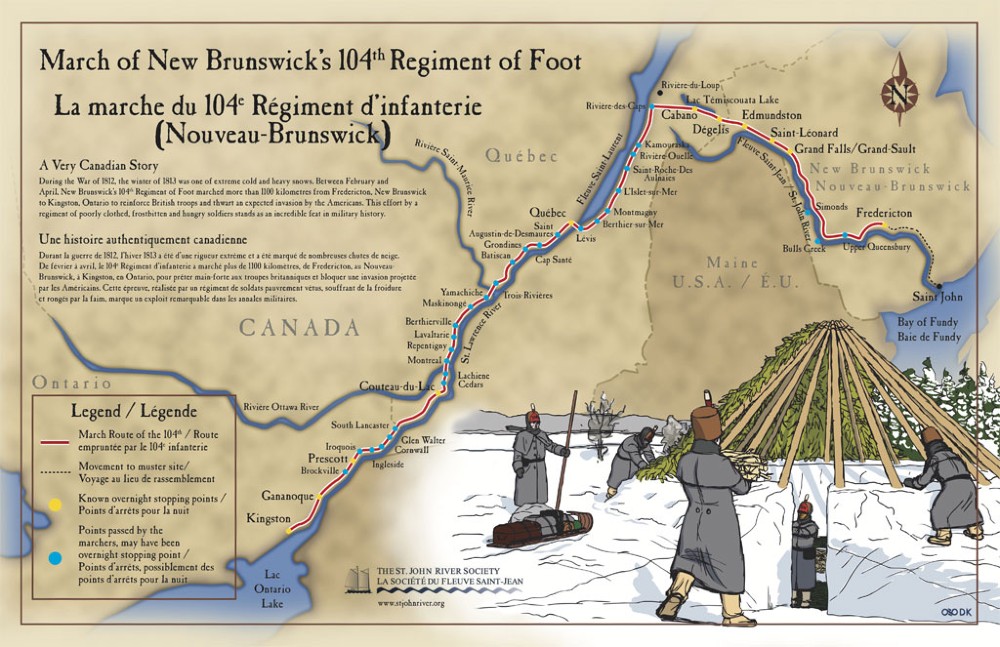 Illustrated map, showing the route the 104th Regiment of Foot followed in marching from Fredericton New Brunswick to Kingston Ontario in 1813. There is an illustration of soldiers in winter building a hut.