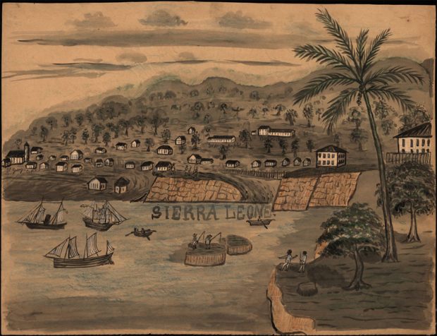 Drawing of a harbour with trees and small houses on the land and ships in the port. Writing on the drawing that says Sierra Leone.