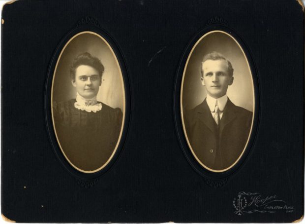 A man and a woman in separate oval frames.