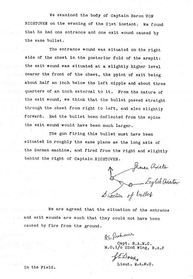 Typed copy of a letter. Black ink on white paper. At the bottom of the page is a small diagram that shows the positions of the aircrafts involved in the dogfight and the directions from which the bullets were fired.