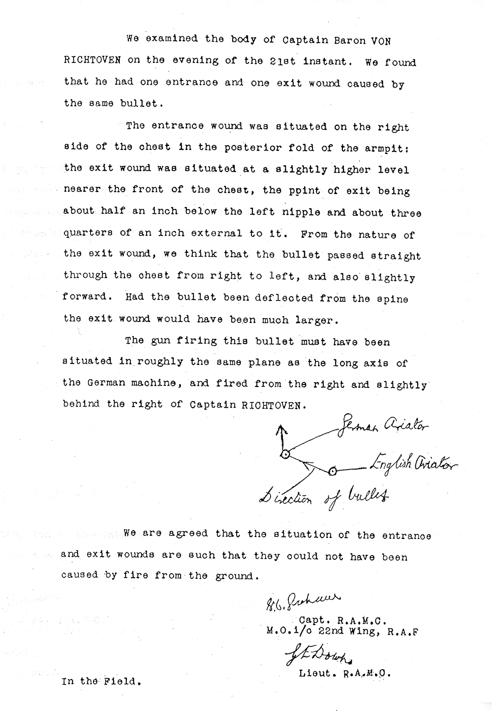 Typed copy of a letter. Black ink on white paper. At the bottom of the page is a small diagram that shows the positions of the aircrafts involved in the dogfight and the directions from which the bullets were fired.