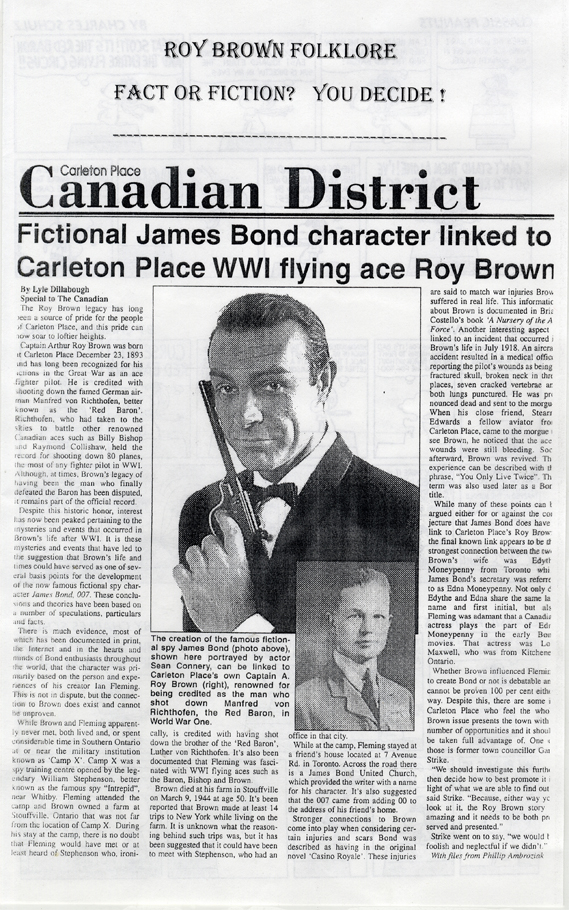 Copy of a newspaper article from the Carleton Place Canadian District, comparing the life of Roy Brown with the character James Bond.